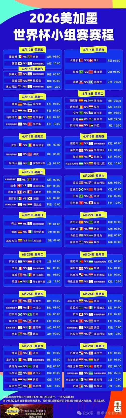 2026世界杯每日赛程完整版最新时间表实时查看